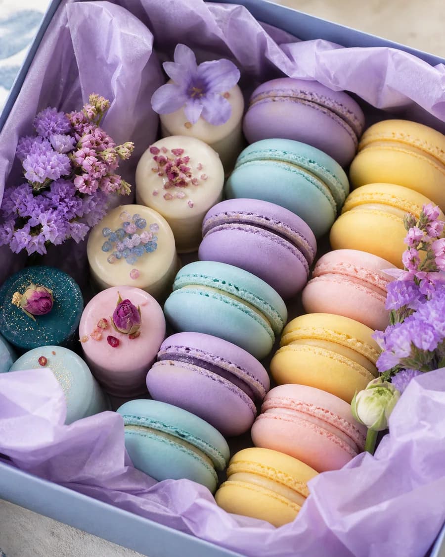 Colorful macarons arranged for gifting
